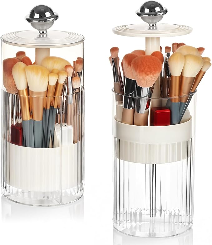 2 Pack Makeup Brush Holder with Lid Automatic Lifting Makeup Brush Organizer with Lid Dustproof & Waterproof 4-Compartment Clear Makeup Organizer for Vanity,Office,School,Dorm Room,Silver+Silver-NeatNest