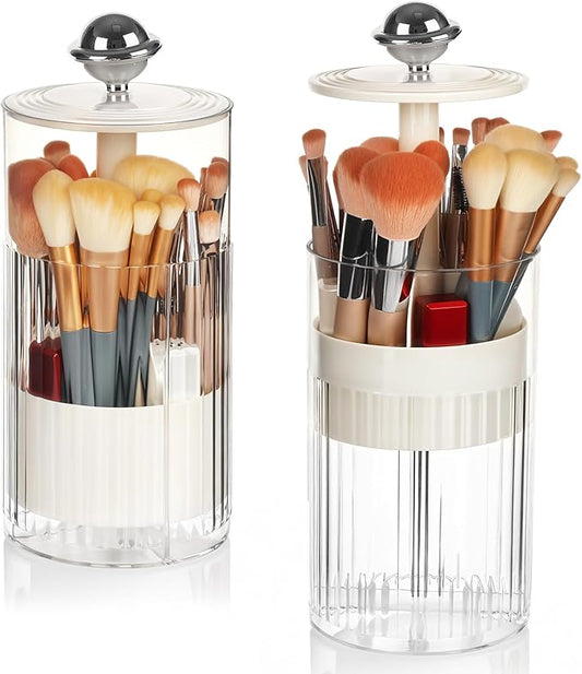 2 Pack Makeup Brush Holder with Lid Automatic Lifting Makeup Brush Organizer with Lid Dustproof & Waterproof 4-Compartment Clear Makeup Organizer for Vanity,Office,School,Dorm Room,Silver+Silver-NeatNest