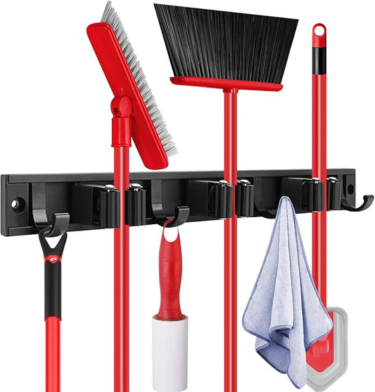 SLIIMU Movable 15'' Broom and Mop Holder Wall Mount with Sliding 3 Racks 4 Hooks, Storage Organizer Wall Hanger, Cleaning Tool Hanging Grippers for Kitchen Bathroom Garden Garage Laundry Home Closet-NeatNest