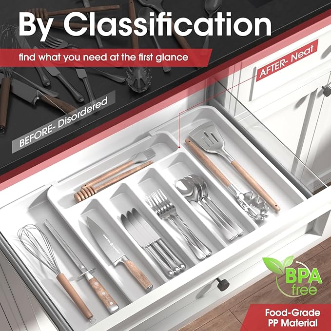 Aujen Silverware Organizer - Expandable Kitchen Drawer Organizer, Adjustable Utensil Organizer, Cutlery Tray for Forks, Knives, Multipurpose Kitchen Organizers and Storage Solution, White, Medium-NeatNest
