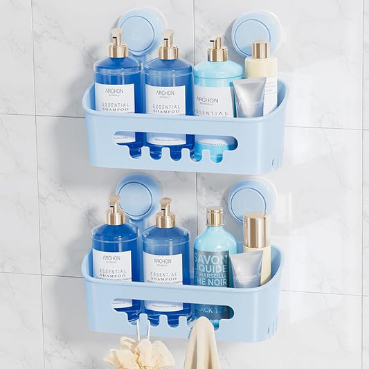 LEVERLOC Shower Caddy Suction Cup 2 Pack, Shower Organizer Removable Bathroom Shelf, Storage Suction Powerful Max Hold 22lbs Bathroom Caddy Waterproof Holder, Blue-NeatNest