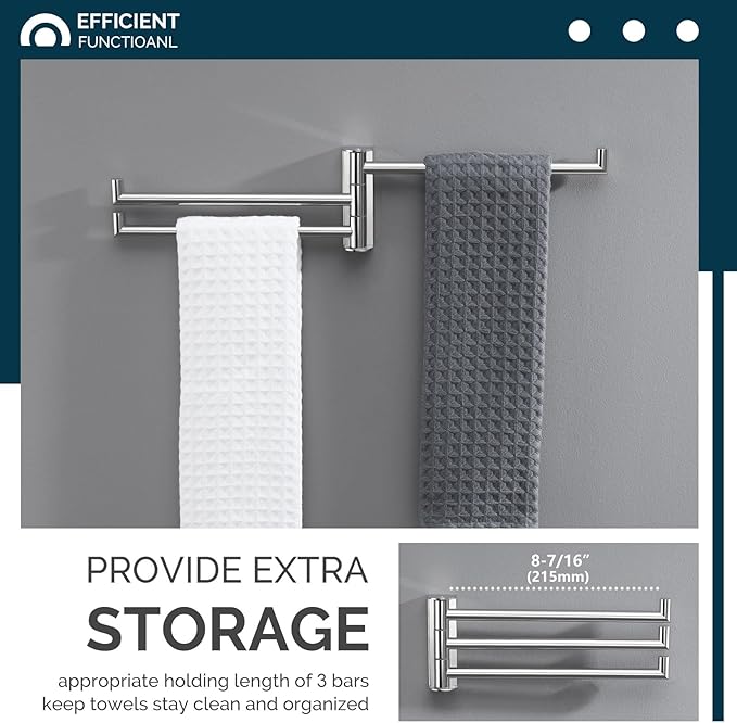 Angle Simple Swivel Hand Towel Rack 3 Bars Polished Chrome, 304 Stainless Steel Bathroom Towel Holder Wall Mount
