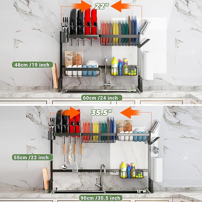 ADBIU Over The Sink (24"- 32.5" L) Dish Drying Rack (Expandable Dimension) Snap-On Design 2 Tier Kitchen Large Dish Drainer Counter Storage Organizer