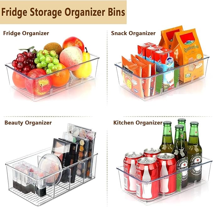 8 Pack Refrigerator Organizers and Storage,Clear Plastic Storage Bins with 3 Dividers for Pantry,Kitchen,Fridge Organization and Storage,Snack Containers for Spice Packets,Tea bag organizer-NeatNest