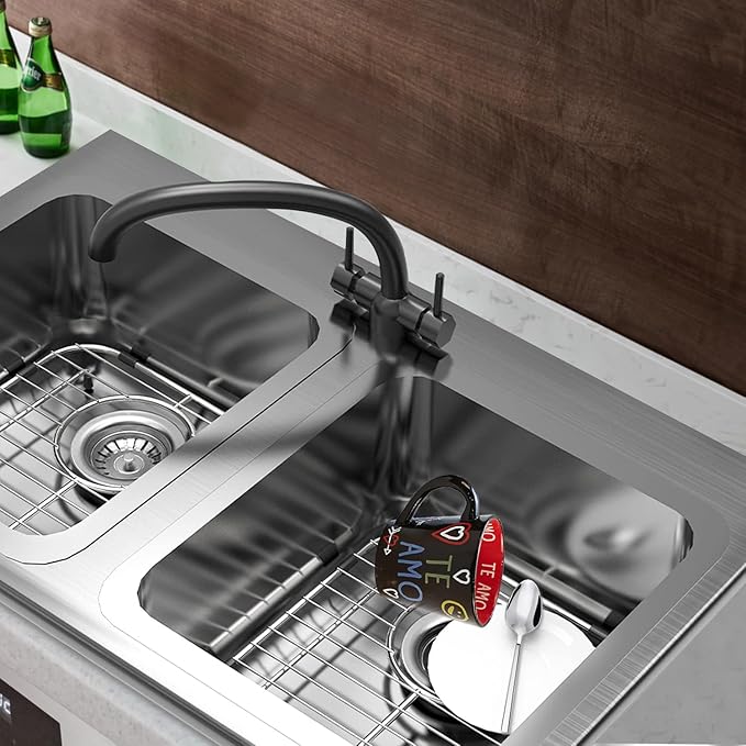 Bottom of Sink Protector Rack, Stainless Steel 13.2"x11.6" Sink Grid Dish Drying Rack Grate with Center Drain Hole 2 Packs-NeatNest