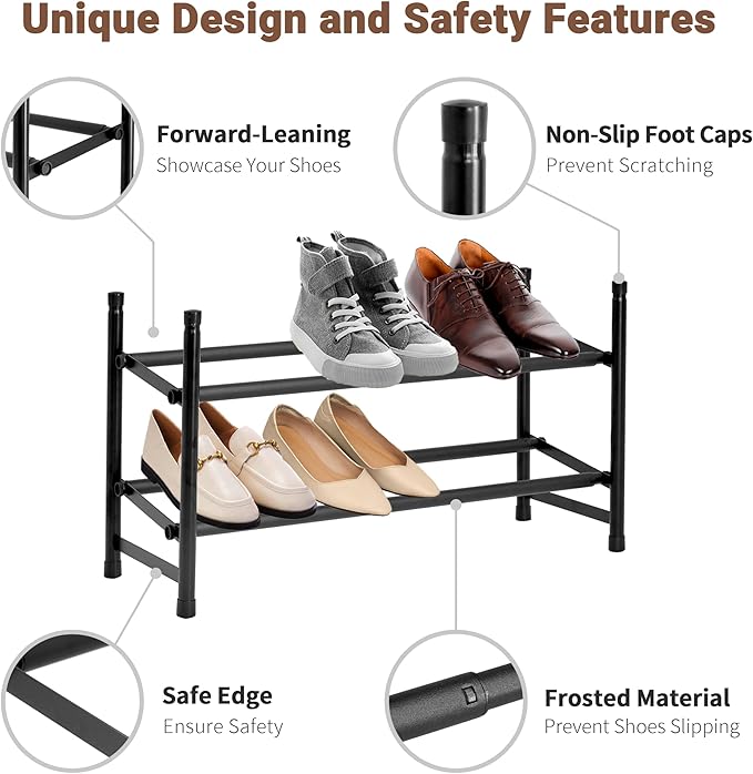 ikloo 2-tier Shoe Rack for Closet and Entryway | Expandable and Stackable Shoes Organizer for Small Spaces | Adjustable Metal Shoe Shelf for Shoe Storage | Fit Up to 18 Pairs of Shoes | Black-NeatNest