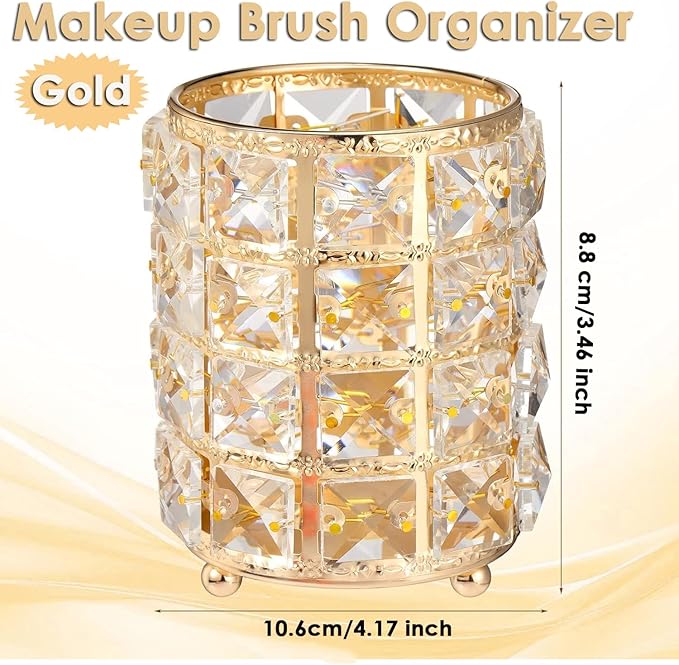 AKOAK 1 Pack Crystal Makeup Brush Holder Office Supplies Storage Rack Eyebrow Pencil/Lipstick/Pencil Makeup Container, Dressing Table, Bedroom, Office (Gold)-NeatNest