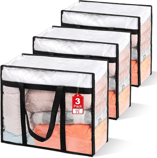 3Pack Clear Blanket Storage Bags, Vinyl Comforter Clothes Storage Closet Organizers and Storage Containers Moving Bags with Reinforced Handle for Bedding, Clothing, Comforters, Pillows, Toys,40L-NeatNest
