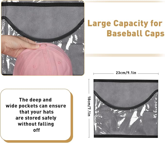 Hat Rack for Baseball Caps, 24 Pocket Over The Door Hat Organizer Storage, Hat Holder for Door with 3 Hooks, Grey - 1 Pack-NeatNest