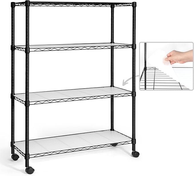 CAPHAUS NSF Adjustable Height Wire Shelving Unit w/Liner, Basement Storage Shelving, Metal Steel Storage Shelves, Garage Shelving Storage Organizer, Utility Shelf, 4-Tier W/Wheels W/Liners, Black-NeatNest