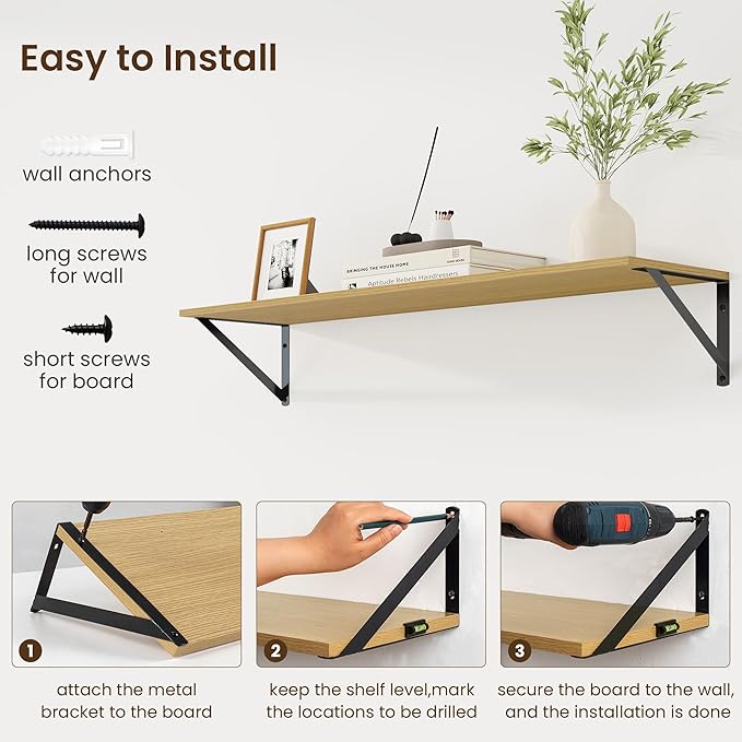 Fun Memories Deep Floating Shelves for Wall, 36W x 8D Wall Mounted Shelves Set of 2, Wide Display Ledge Shelf with Sturdy Metal Brackets for Living Room, Bathroom, Bedroom and Kitchen, Oak-NeatNest