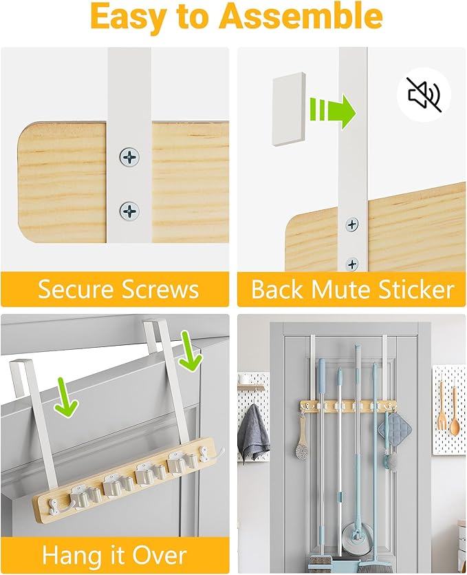 Lorbro Broom Holder Door Mount, Over the Door Broom and Mop Holder with 2 Over Door Hooks, Wood Broom Hanger, Tool Rack Organizer for Laundry, Garage, Closet, Kitchen Decor, 4 Slots & 4 Hooks Rustic