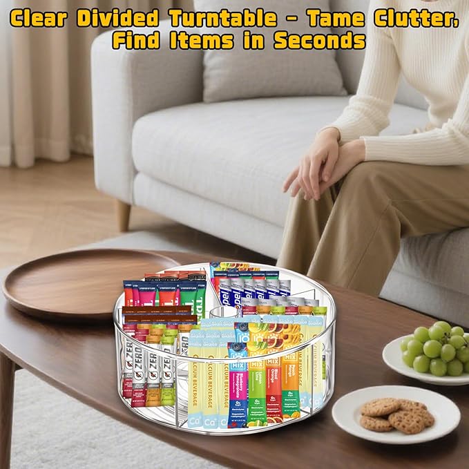Clear Acrylic Drink Packet Organizer 11.7" x 11.7" x 4.5", 360° Rotating Carousel Lazy Susan Storage Bins Turntable 5-Compartment Dividers for Kitchen Fridge Pantry Powdered Drinks Water Snacks-NeatNest