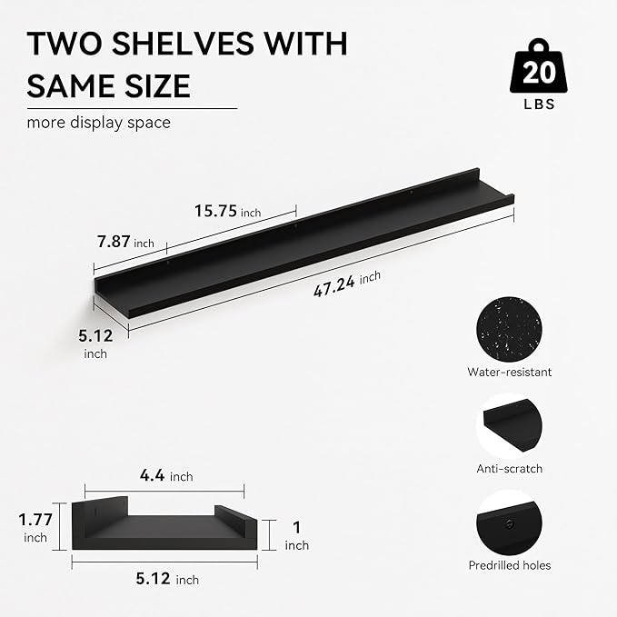 47.2 Inches Long Floating Shelves Wall Mounted, 2 Set Modern Wall Shelf for Bedroom, Nursery Book Shelf with Lip, Picture Ledge Shelf for Wall Decor Living Room Bathroom Kitchen - Black-NeatNest