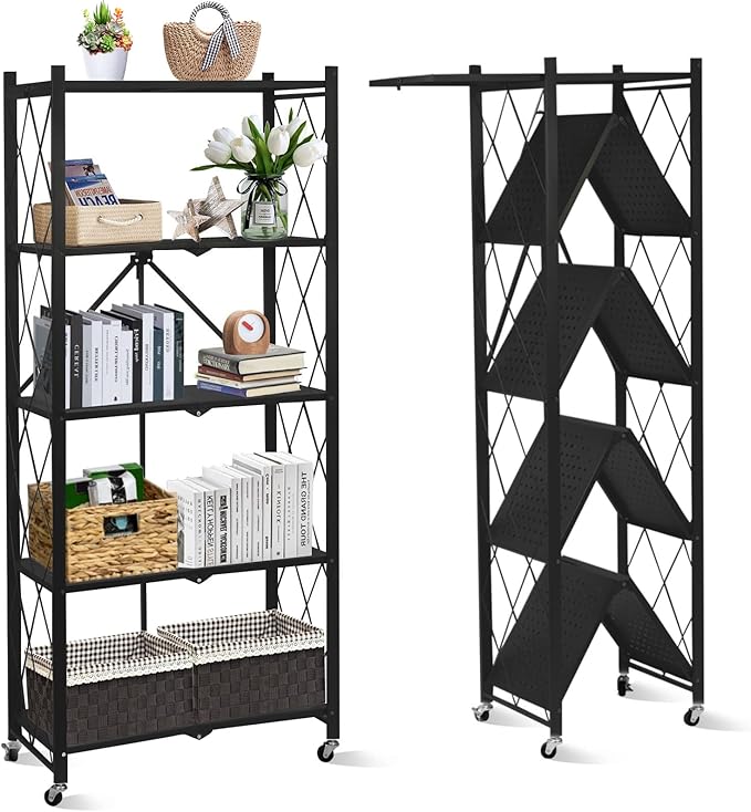 2025 Upgraded Portable 5-Tier Foldable Storage Shelves with Wheels Heavy Duty Storage Shelf Collapsible Shelves Unit Display for Garage Storage Kitchen Pantry & Closet Organizer, Space Black
