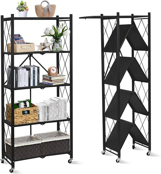 2025 Upgraded Portable 5-Tier Foldable Storage Shelves with Wheels Heavy Duty Storage Shelf Collapsible Shelves Unit Display for Garage Storage Kitchen Pantry & Closet Organizer, Space Black
