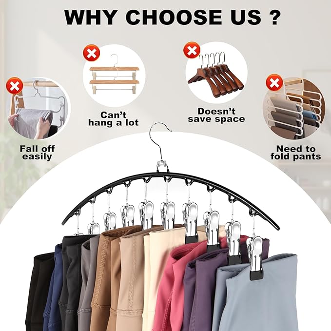 Hendiy Legging Organizer for Closet, Rotatable Pants Hangers 3 Pack w/10 Clips Holds 30 Leggings, Leggings/Shorts/Jeans/Skirts/Pants Hangers w/Rubber Coated, Space Saving Hanging Closet Organizer-NeatNest