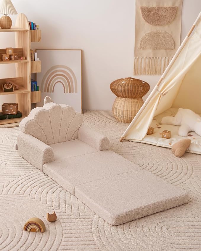 Blissful Diary Kids Couch, 2-in-1 Soft Toddler Couch Fold Out, Toddler Chair Comfy, Convertible Sofa to Lounger, Kids Furniture for Playroom, Gift for Birthday, Children's Day, Beige Shell-NeatNest