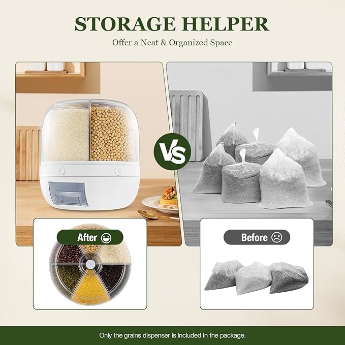 360° Rotating Grains Dispenser, 6 Grids Dry Food Dispenser, Round Multigrain Tank Cup Dry Rice Container with Sealed Lid, Grains Cans Grain Storage Tank for Home Kitchen, Can Hold 13lbs, White-NeatNest