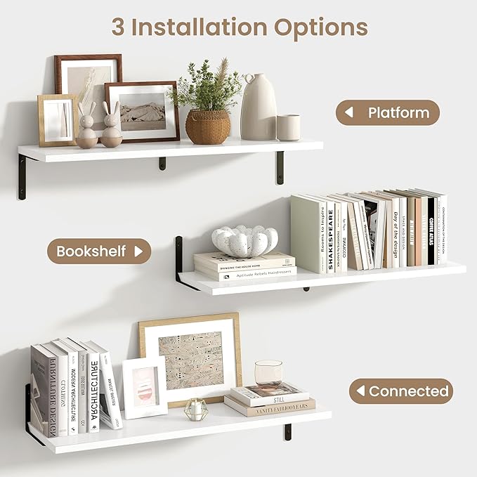 Fun Memories Deep Floating Shelves, 32W x 8D Floating Shelves Set of 2, Wall Mounted Shelf with Metal Brackets, Rustic Wood Wall Shelf for Bathroom, Kitchen and Living Room, White-NeatNest