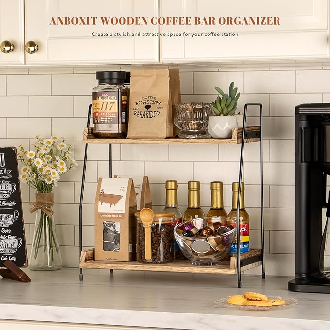 Countertop Coffee Station Organizer, 2 Tier Wooden Shelf for Coffee Bar Accessories, Condiment Storage Caddy for Kitchen, Home, Office - Brown-NeatNest