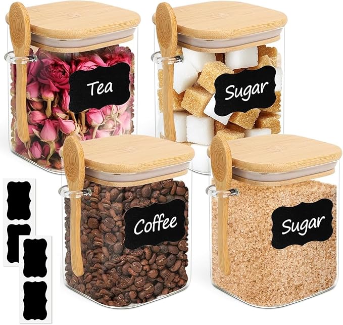 ComSaf 0.8 Qt Glass Jars with Bamboo Lids & Spoons Set of 4, Square Glass Containers with Lids, Sugar Coffee Containers Salt Spice Jars, Pantry Storage Container for Loose Tea, Candy, Brown Sugar, Nut-NeatNest