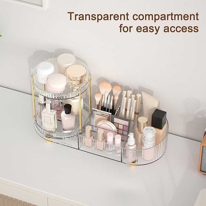 Makeup Organizer Countertop for Vanity, Rotating Perfume Tray with 5-compartment Cosmetic and Skincare Organizers, Multi-Purpose Desk Storage Makeup Brush Holder for Bathroom Bedroom Counter-NeatNest