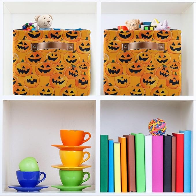 Halloween Seamless Storage Basket,Yellow Pumpkin Large Storage Bin Fabric Collapsible Organizer Bag with Handles 15x11x9.5 inch-NeatNest