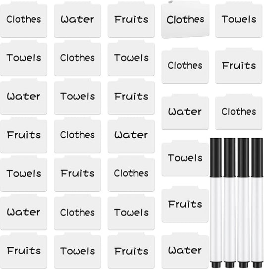 34 Pcs White Basket Labels Clip on Removable Hanging Label Holder with Chalk Markers for Storage Bin Basket Box Kitchen Pantry
