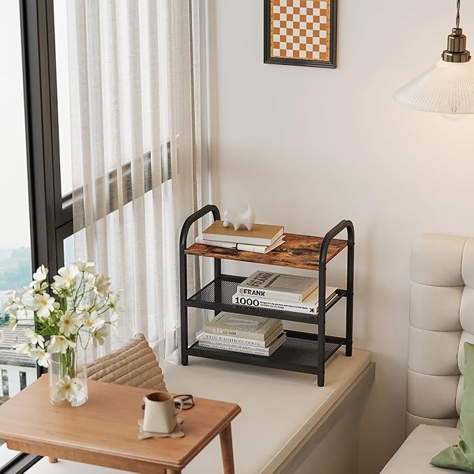 3-Tier Shoe Rack, with Heavy-Duty Metal Grid, Rustic Wooden Top, & Metal Guardrails - Transform Your Space with Style and Functionality Living Room, Kitchen, Bedroom, Garage, & Bathroom-NeatNest