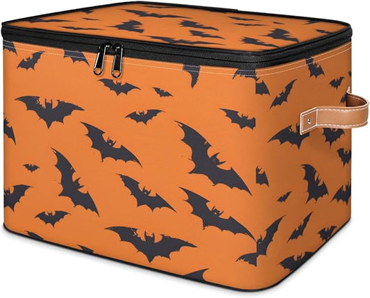 Halloween Bat Storage Bins with Lids, Black Orange Fabric Storage Boxes with Zipper, Collapsible Decorative Closet Organizer Cube for Clothes,Organizing, Shelves-NeatNest