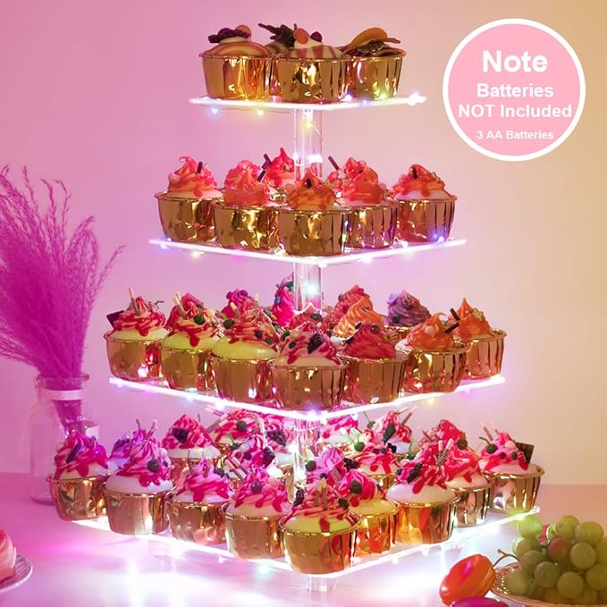 Cupcake Stand – Premium Holder Acrylic Tower Display Cady Bar Party Décor 4 Tier for Pastry + LED Light String Ideal Weddings, Birthday(Colorful light)-NeatNest