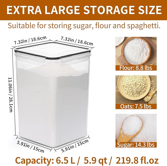 4 Pack Extra Large Airtight Food Storage Containers with Lids (6.5L / 220 oz), BPA Free Plastic Kitchen and Pantry Organization Contianers for Cereal Flour and Sugar Storage, Labels & Marker-NeatNest