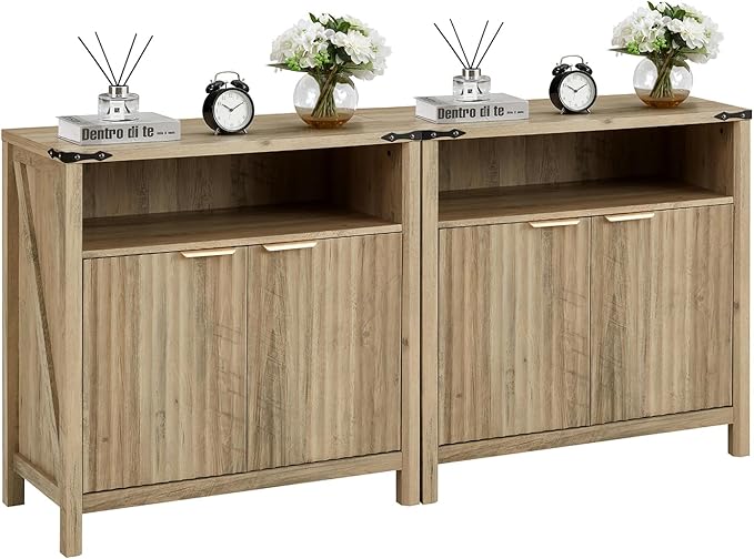 32 Inch Fluted Sideboard Buffet Cabinet with Storage, Modern Farmhouse Accent Credenza with Adjustable Shelves, Coffee Wine Bar for Kitchen, Living Room (Sunwashed Ash Oak, Set of 2)