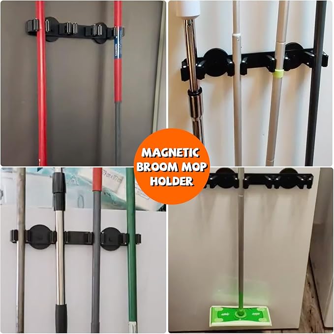 Magnetic Broom Holder Rack,Strong Magnetic Mount Mop Holder 4 Racks for Cleaning Tools,Non-slip Magnetic Tool Holder Broom Hooks for Apartment RV Camper Garage Kitchen-NeatNest