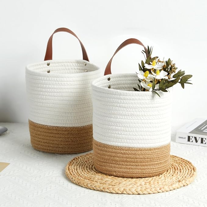 DULLEMELO Small Hanging Basket with Handle Set of 2 Hanging Wall Baskets, Wall Hanging Baskets for Organizing Wall Plants, Key, Sunglasses Small Woven Basket,White&Brown-NeatNest