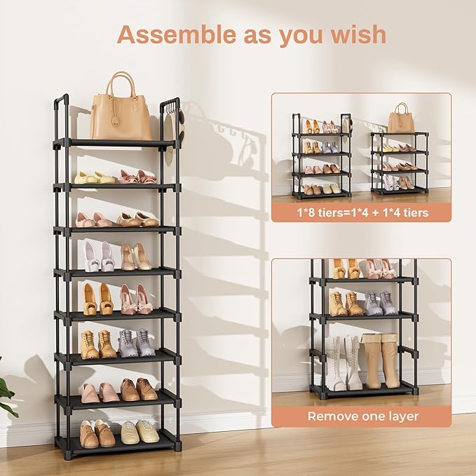 Tall Shoe Rack 8 Tiers, 16-20 Pairs Shoe and Boots Organizer Storage Sturdy Shoe Shelf, Narrow Vertical Shoe Rack for Entryway, Closet, Metal Shoe Organizer with 5 Hooks-NeatNest