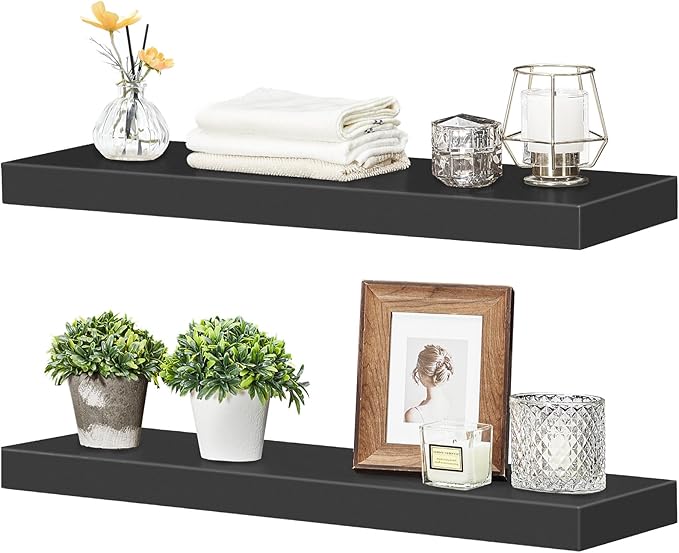 HOOBRO Floating Shelves for Wall, Wall Mounted Shelf Set of 2, 23.6" Hanging Shelf with Invisible Brackets, for Wall in Bathroom, Bedroom, Toilet, Kitchen, Living Room, Office, Black BK60BJ01-NeatNest