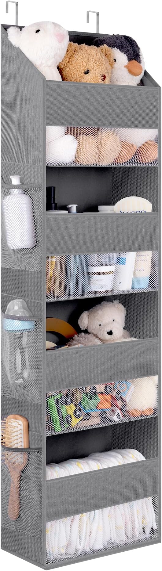 GRANNY SAYS Over The Door Organizer, 4-Shelf Behind The Door Storage with 6 Pockets and Clear Window, Anti Tilt Large Capacity Hanging Organizer Shelves for Baby Room, Nursery, Bathroom, Gray, 1 Pack-NeatNest