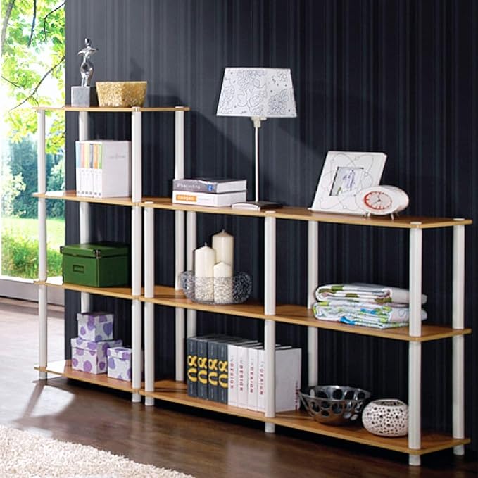 Furinno Turn-N-Tube 4-Tier Multipurpose Shelf Display Rack, Round Tubes, Blonde Maple/White-NeatNest