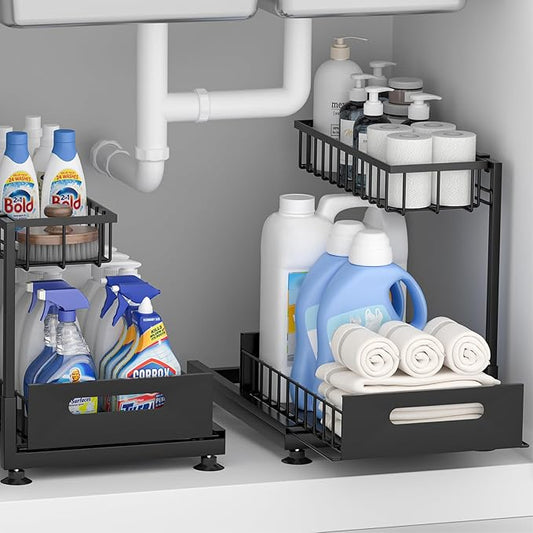 2 Pack Under Sink Organizer Storage 2-Tier Premium Metal Pull-Out Racks, Height Adjustable, Easy Installation | Kitchen & Bathroom Organizers-NeatNest