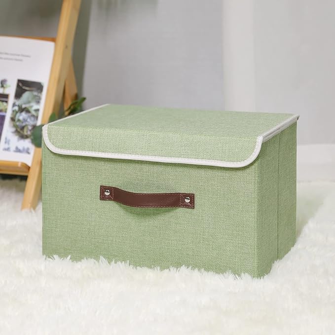 ANMINY Storage Bin with Lid Storage Boxes with PU Leather Handles PP Plastic Board Decorative Foldable Lidded Cotton Linen Fabric Home Cubes Baskets Closet Organizer Container - Green, Large Size-NeatNest