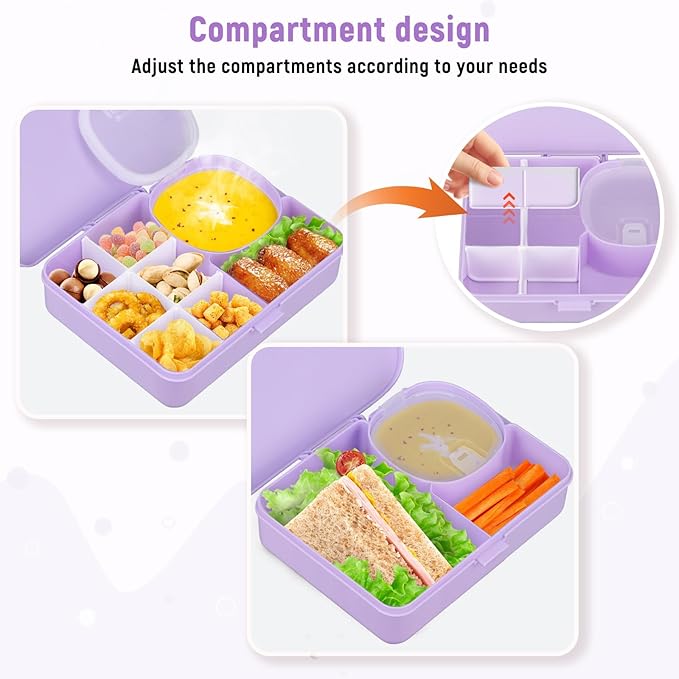 2 Pack Snackle Box Container for Kids,Adjustable Compartments,Reusable Snack Containers with Lids,Easy-Open Latch,Lunch Food Containers,Dishwasher Safe,Leak-Proof Silicone Ring(2 Pack-Purple)-NeatNest