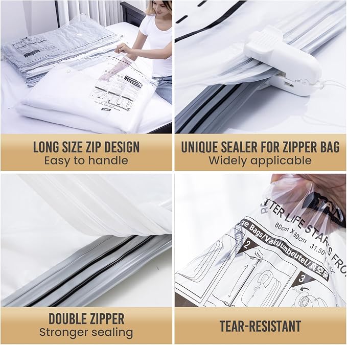 TAILI 10 Pack Vacuum Storage Bags, LONG SIDE ZIP (5 Large+5 Jumbo), Multi-Size Space Saver for Bedding, Blankets, Pillows, Clothes, Vacuum Seal Bags for Clothing Ideal Under Bed Storage Solution,-NeatNest