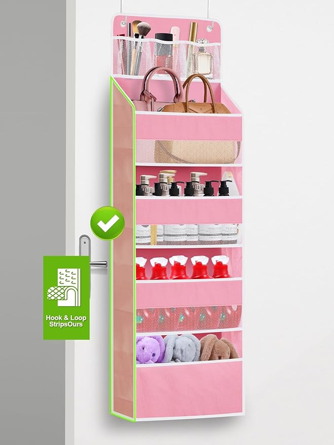 2 Pack Over The Door Organizer, Hanging Storage Organization with Large Capacity Pockets, Swing-Proof Behind Door Storage Shelf for Kicthen Bedroom Nursery Kids Toys Shoes,Pink