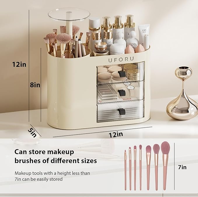 Makeup Organizer with Drawers for Vanity, 4 Slot Brush Holder with One Touch Open,Spacious Cosmetic Storage for Dresser Vanity and Bathroom Countertop, Beauty Holder for Lipstick Skincare(White)-NeatNest