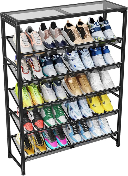 Simple Trending Shoe Rack, 6 Tier Shoe Organizer Holds 25 Pairs, Metal Shoe Storage with Adjustable Shelves, Tempered Glass, Black-NeatNest