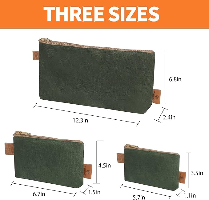 Canvas Zipper Pouch, 3 Pack Small Tool Pouch Organizer, Heavy Duty 16OZ Waxed Canvas Mini Zipper Bag Pouch, 5.7/6.7/12.3 Inch Tool Multipurpose Water Resistant Storage Pouches-NeatNest