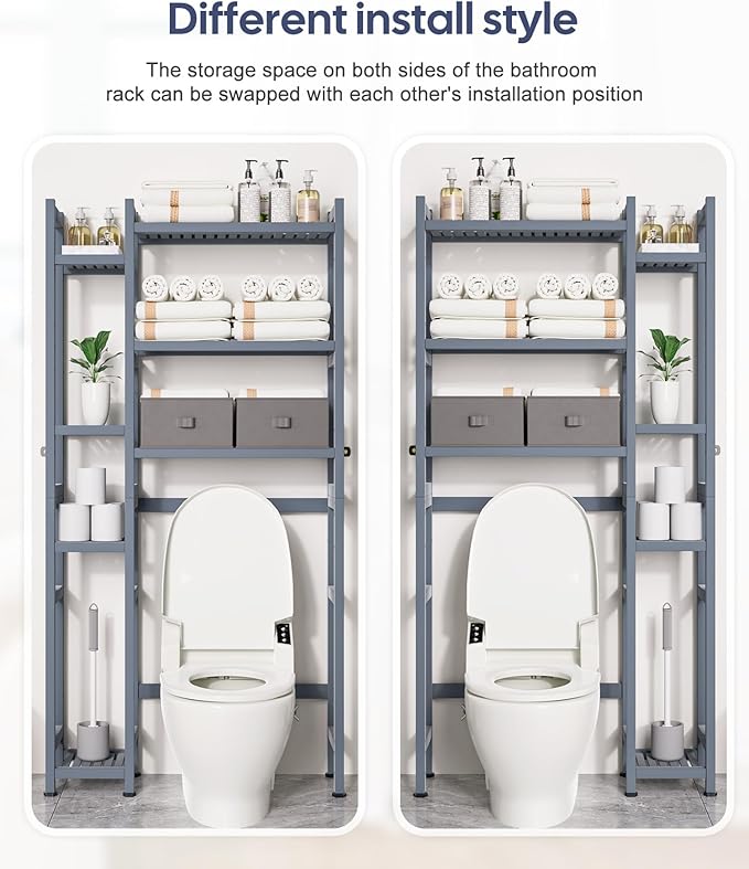 Homde Over The Toilet Storage with Basket and Drawer, Bamboo Bathroom Organizer with Adjustable Shelf & Waterproof Feet Pad, Space Saver Rack for Restroom, Laundry,Grey-NeatNest