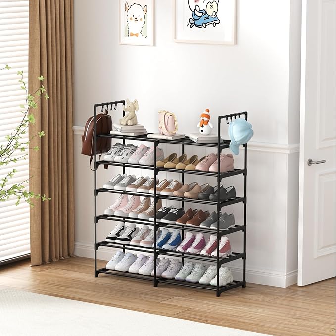 2-Row 6-Tier Shoe Rack, Black Metal Stackable Shoe Shelf with Multifunctional Hooks, Hold 24-30 Pairs, Space Saving Shoes Organizer for Closet,Show Rack-NeatNest